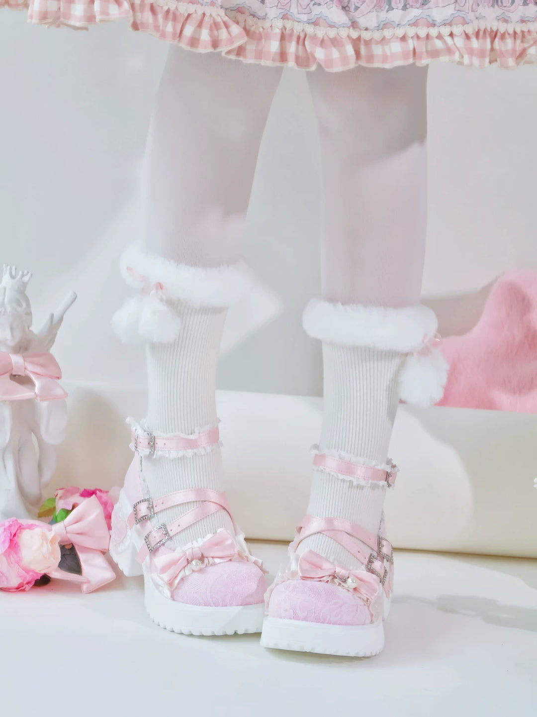Classic Lolita Mary Jane Shoes, Lace Tulle & Ribbon Bow 46012:873457