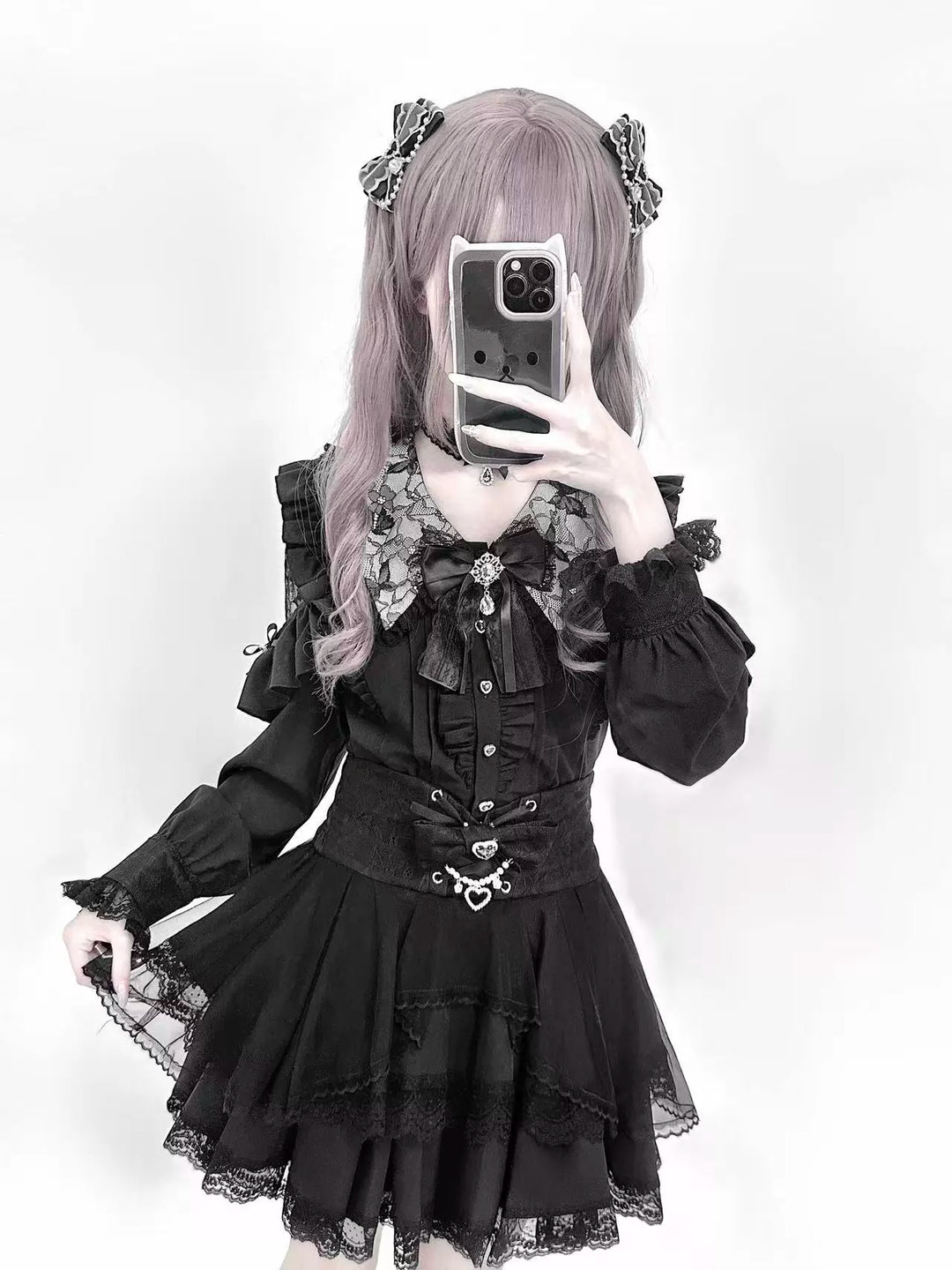 Jirai Kei Long Sleeve Blouse, Lace Open-Shoulder 44588:815071