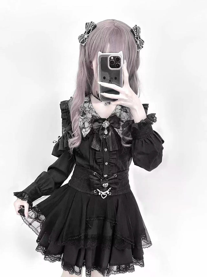 Jirai Kei Long Sleeve Blouse, Lace Open-Shoulder 44588:815071