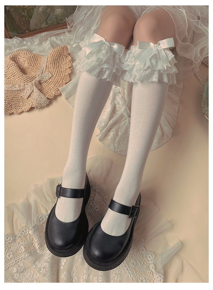 Lolita Socks Layers Lace Frill Cotton Mid-Calf Socks With Bows 42243:733452