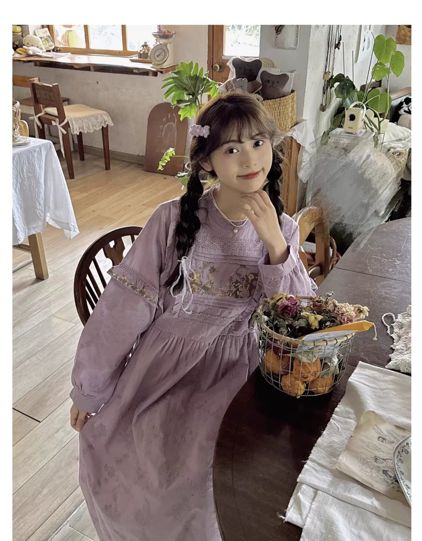 Mori Kei Dress Cottagecore Dress Purple Embroidered Dress 36248:534496