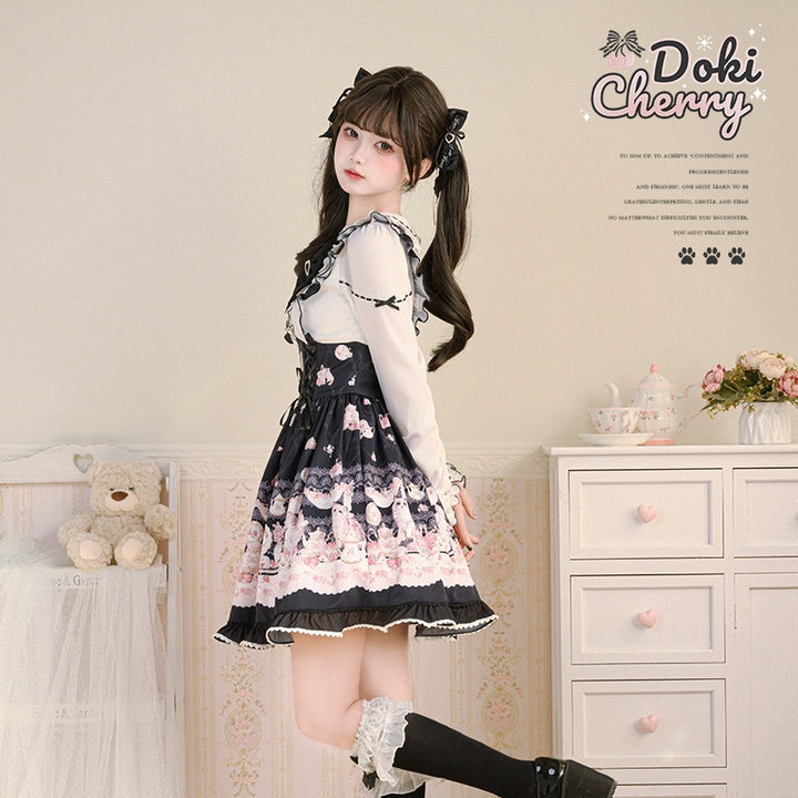 Kawaii Ryousangata Dress Long-sleeved Cat Printed OP Dress 40560:664800