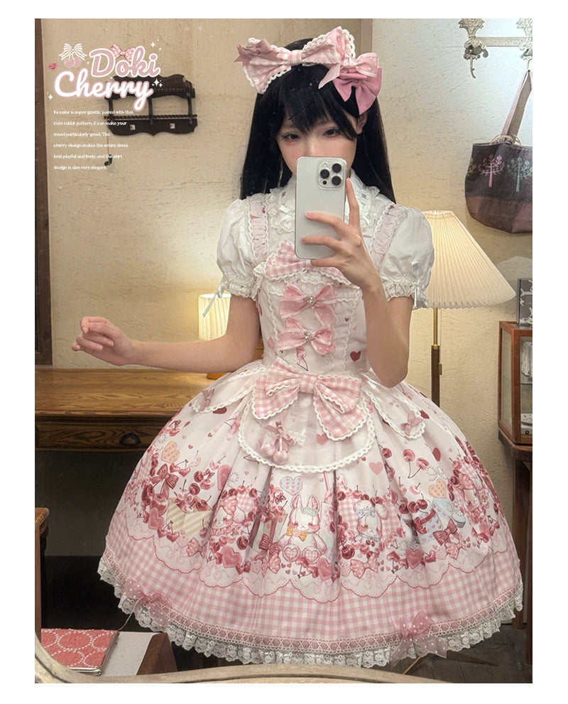 Kawaii Lolita Bunny Print JSK Dress, Detachable Apron 45164:838449
