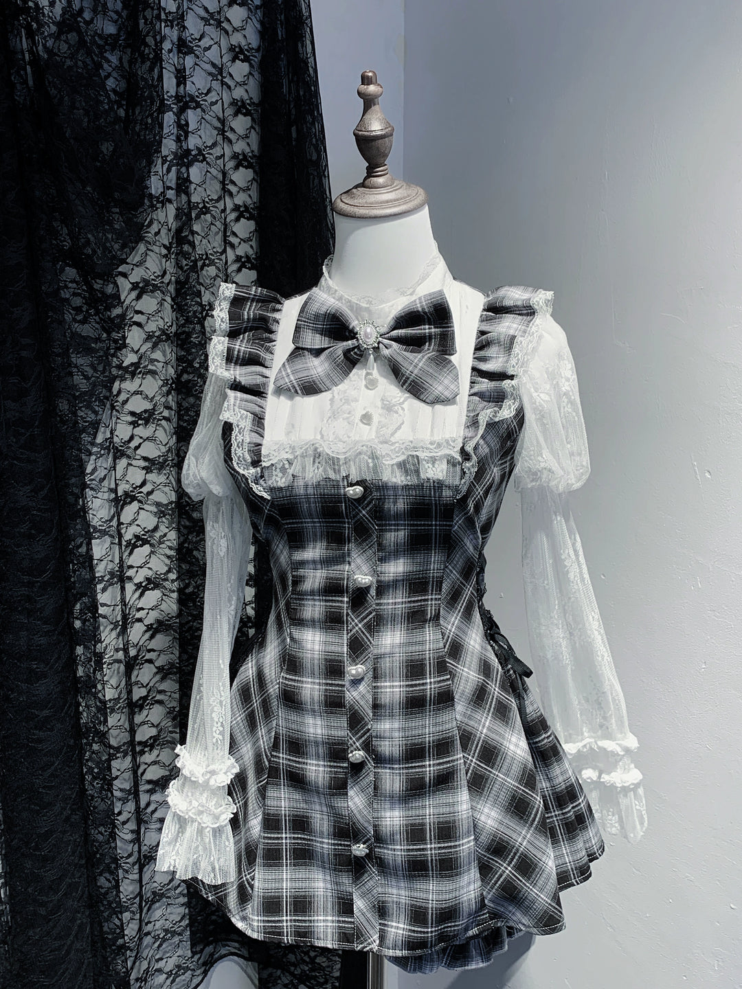 Lace Julie Sleeve Jirai Kei Dress, Elastic Waisted Shorts, Pocket (L M S XL) 43578:780322