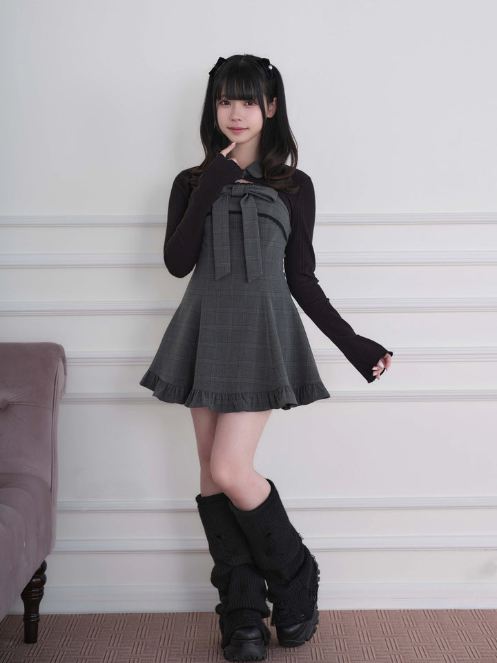 Ryousangata Dress & Knit Bolero Set, Plaid/Striped Pattern 46030:873185