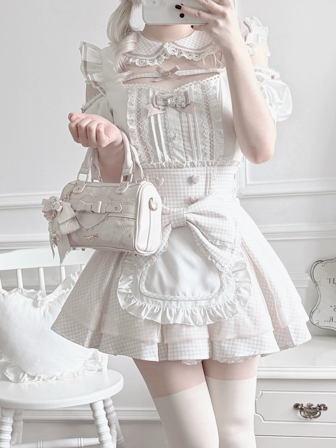 Jirai Kei Gingham Maid Blouse and Skirt Set, Detachable Apron (L M S XL) 45659:858677