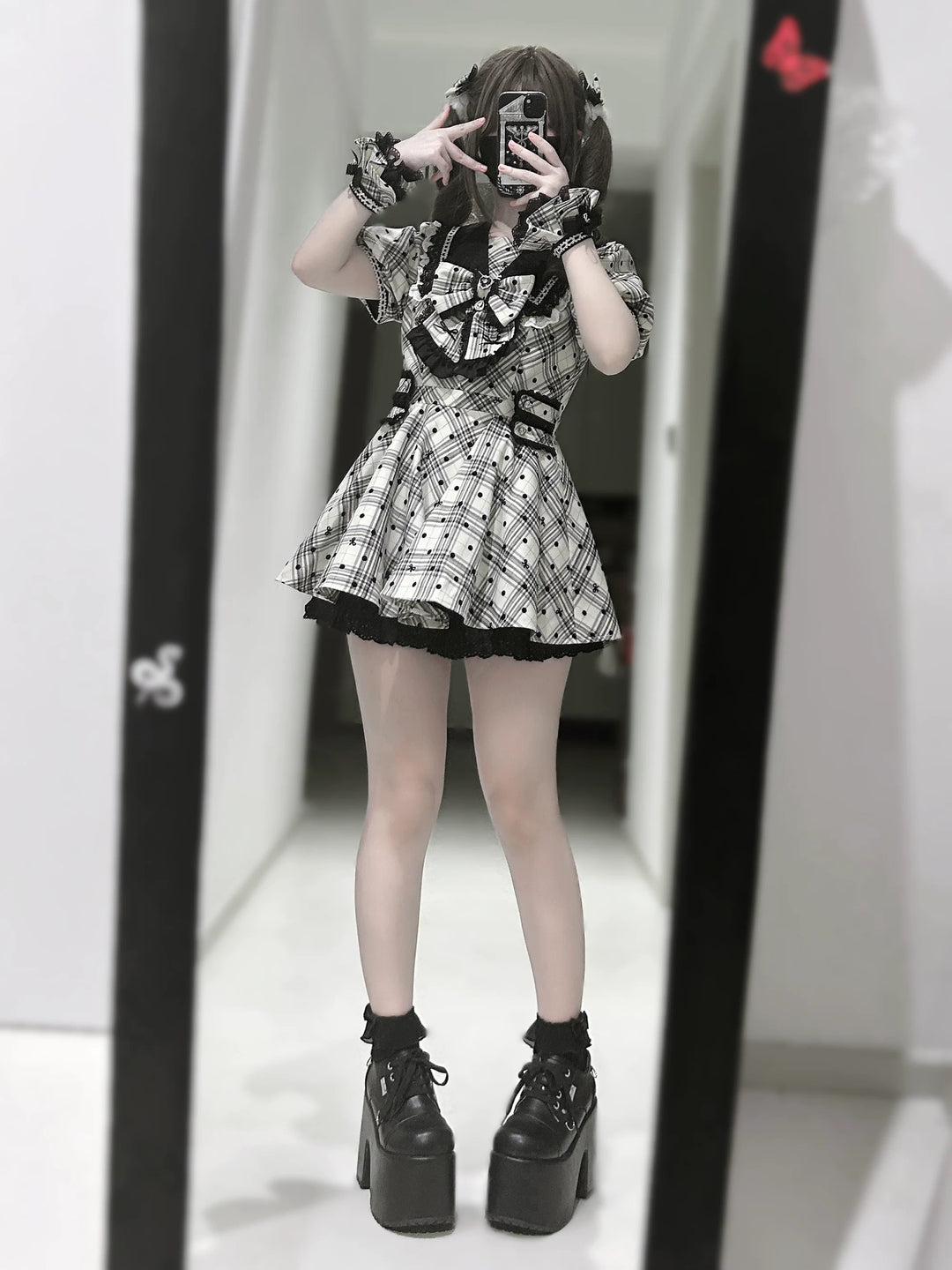 Cotton Lining Jirai Kei Dress, Plaid & Polka Dot Style 44924:829899