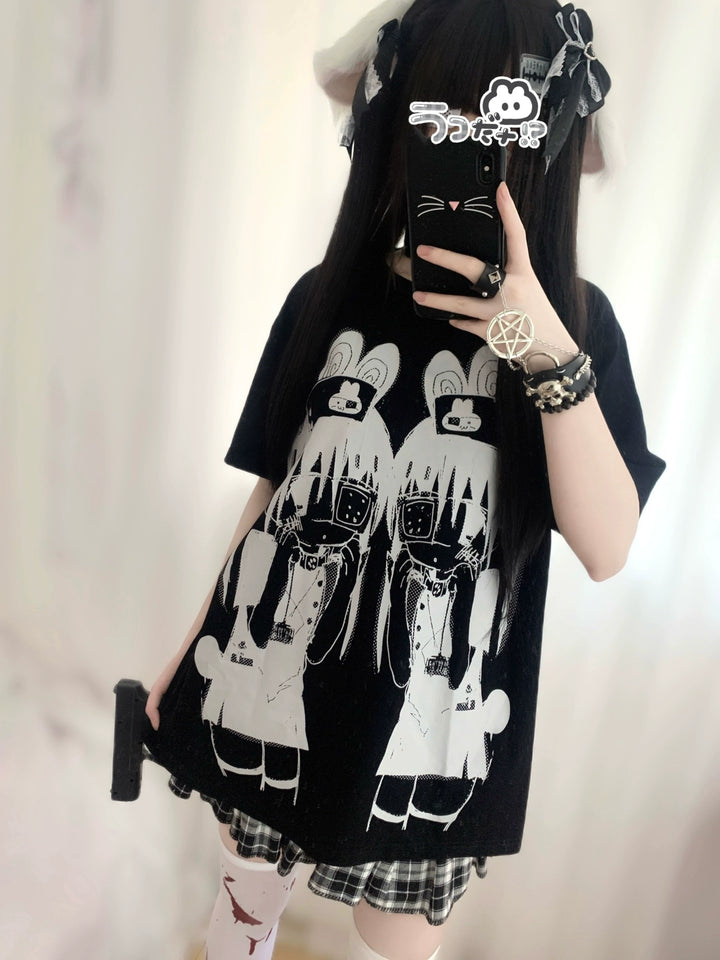 Jirai Kei Shirt Black Rabbit Ear Girls Short-sleeved Top 37992:596414