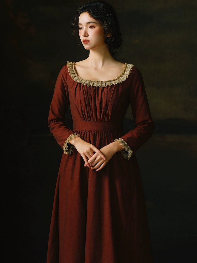 Mori Kei Dress Classical Oil Painting Dress Rust Red Dress 36348:544666
