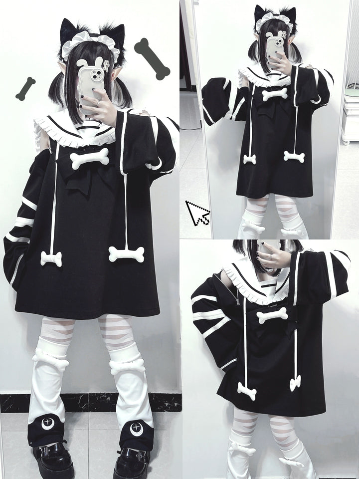 Jirai Kei Black White Dress Oversized Sailor Collar Dress 32016:380318 32016:380318