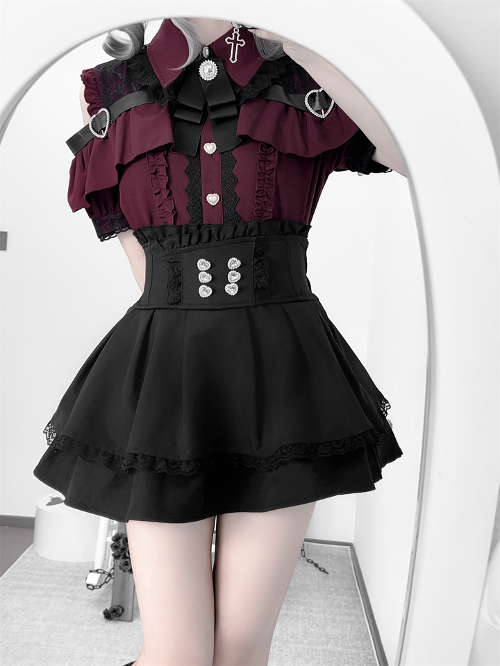 Black Jirai Kei Skirt High Waistband With Rhinestones (2XL L M S XL) 43246:770986