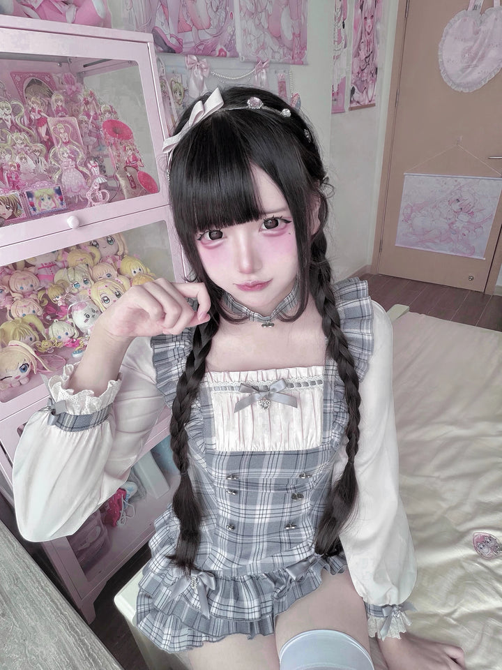 Ryousangata Pink Grey Plaid Dress Set with Choker 46077:874934