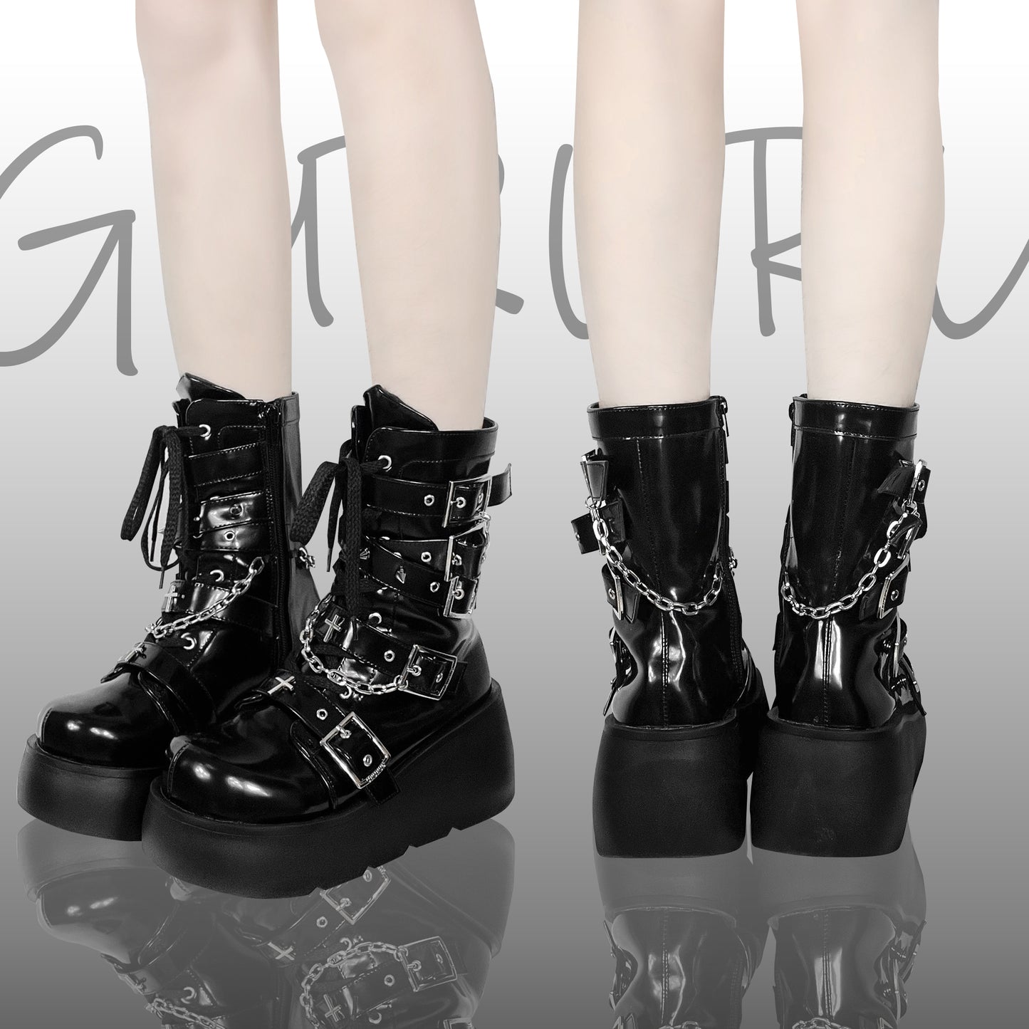Y2K Spicy Girl Cross Black White Platform Shoes Boots 28962:343836
