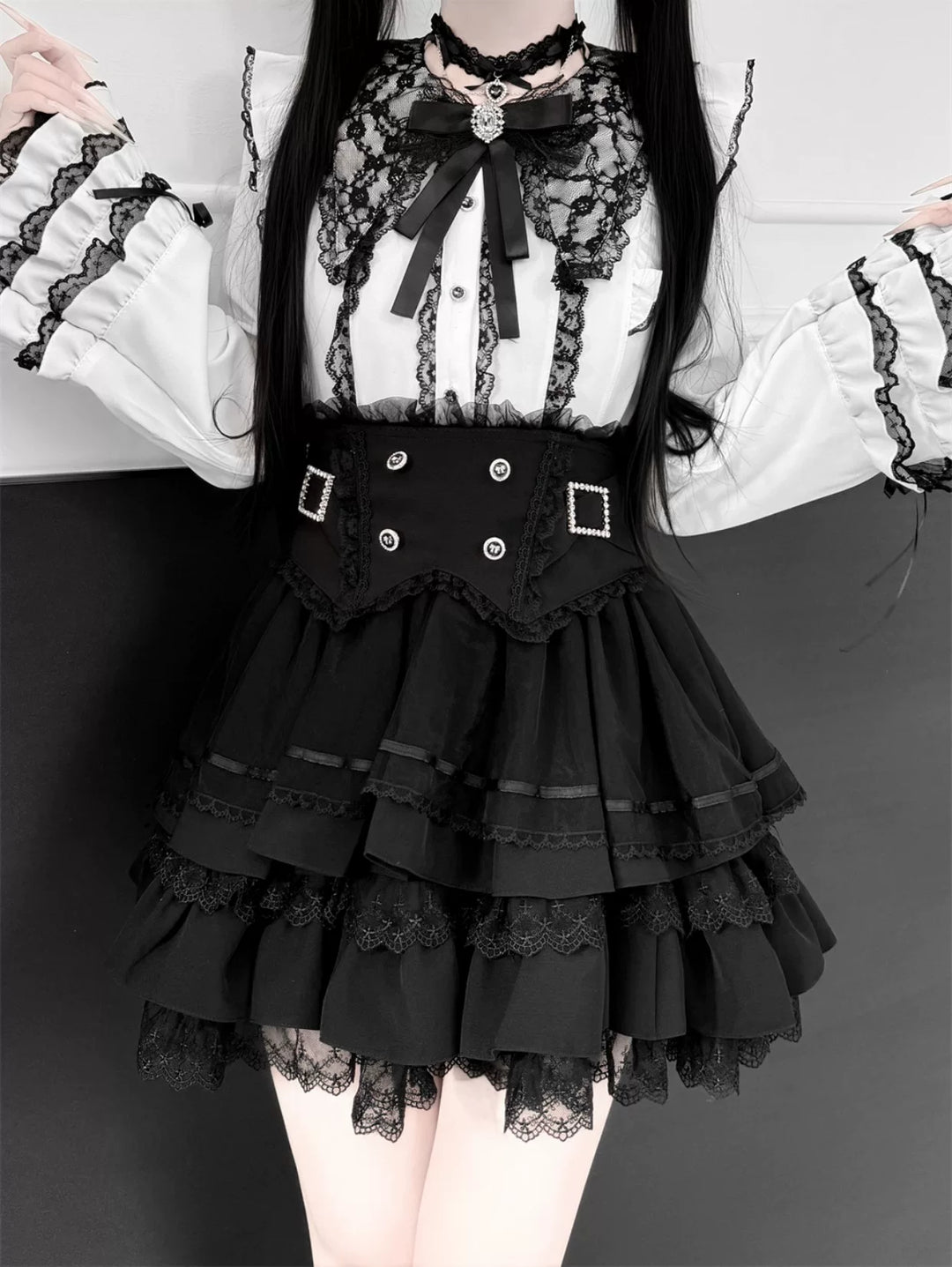 Jirai Kei Lace Blouse, High-Waist Tiered Skirt 44525:811436