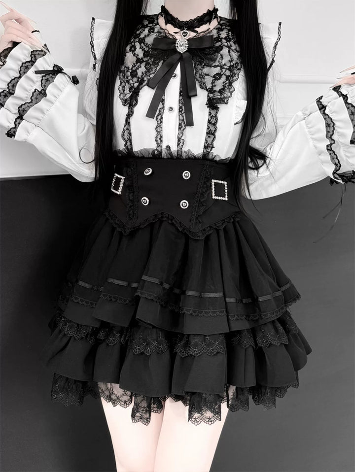 Jirai Kei Lace Blouse, High-Waist Tiered Skirt 44525:811436