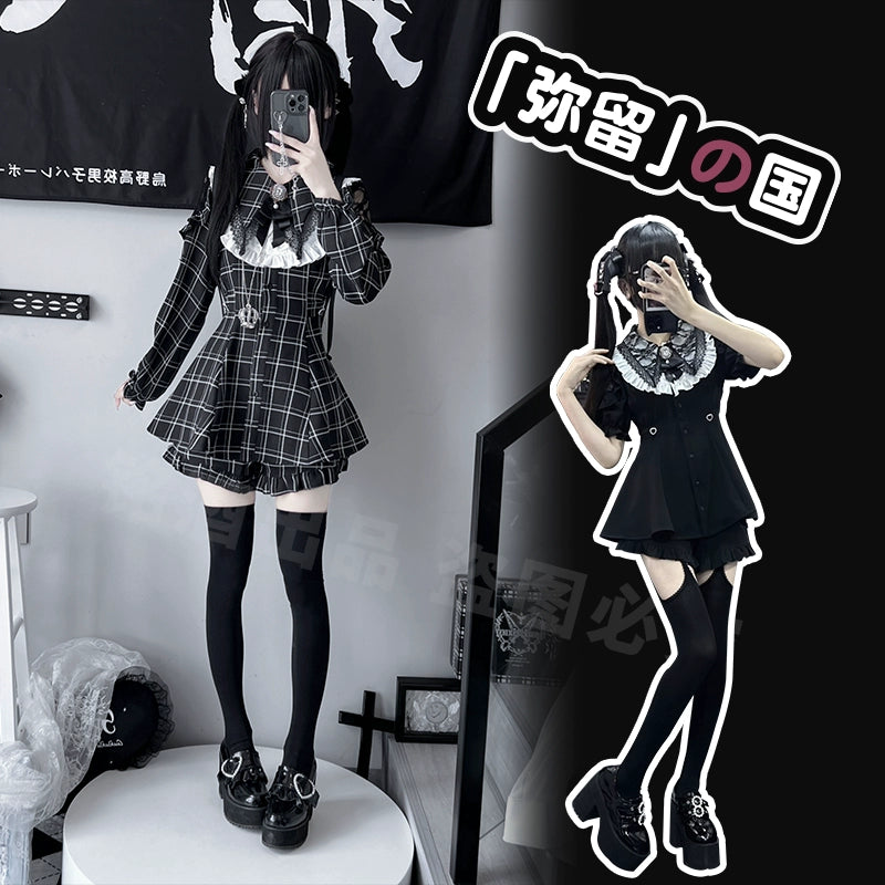 Jirai Kei Dress Set Black Plaid Dress With Puritan Collar 39506:635864