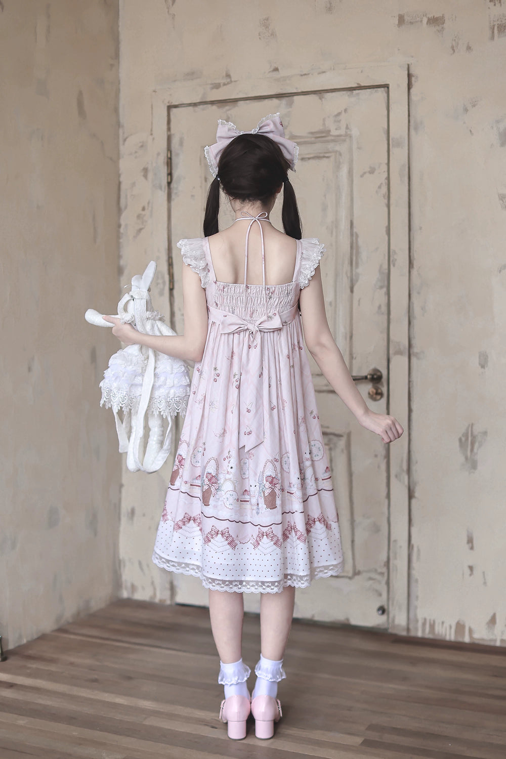 Strawberry Bunny Printed Kawaii Lolita Dress, Halter Neckline 45456:857971