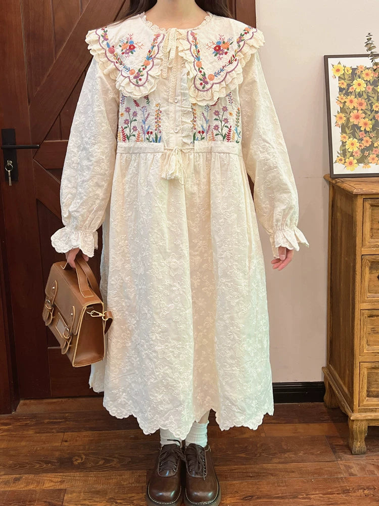 Cottagecore Dress Mori Kei Dress Embroidered Lace Dress 36214:524280