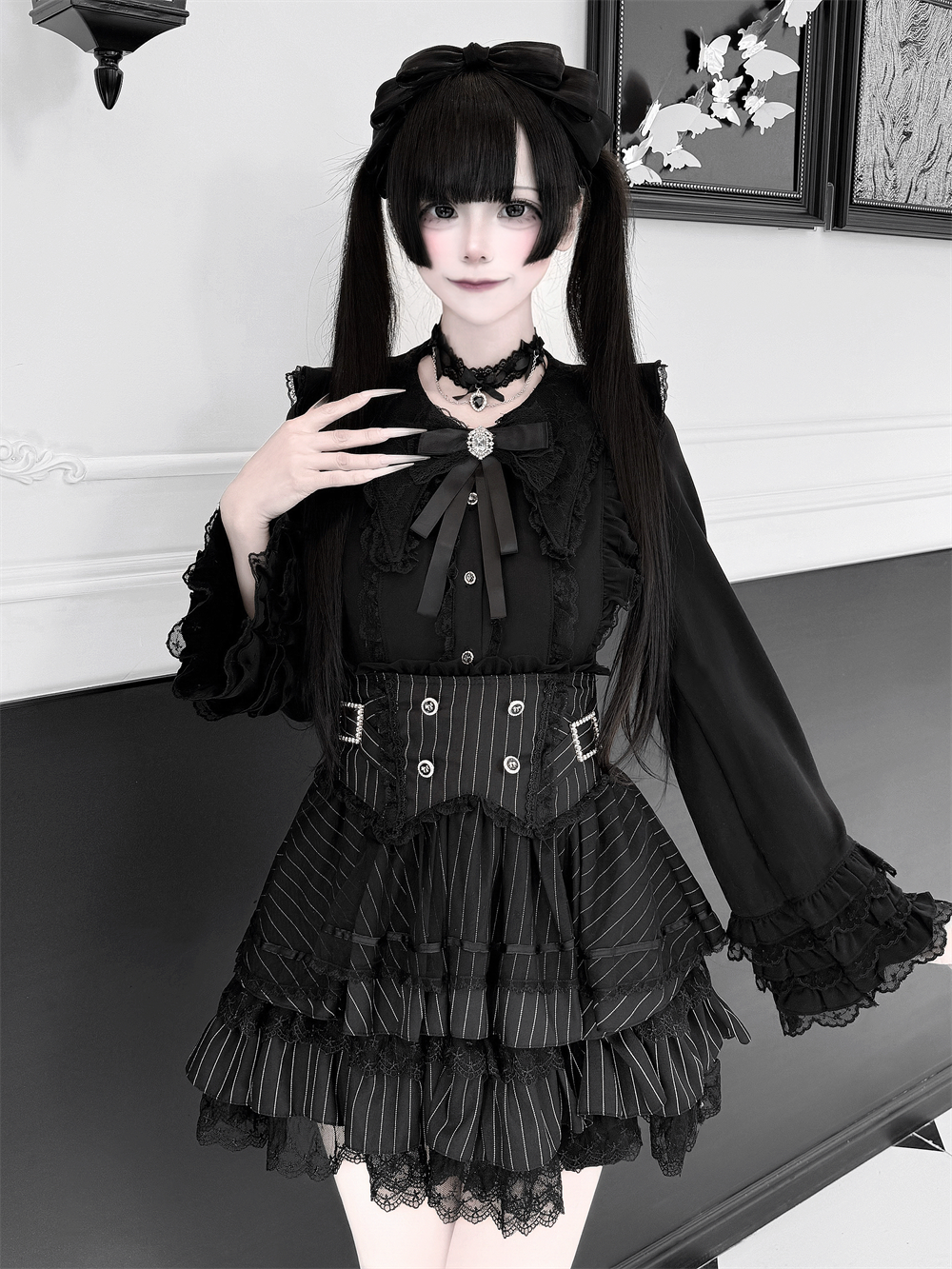 Jirai Kei Lace Blouse, High-Waist Tiered Skirt (2XL L M S XL) 44525:811412