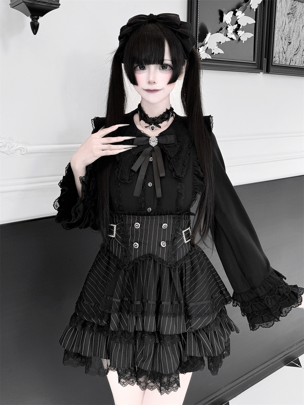 High-Waisted Jirai Kei Skirt, Lace Hem (2XL L M S XL) 44810:822721