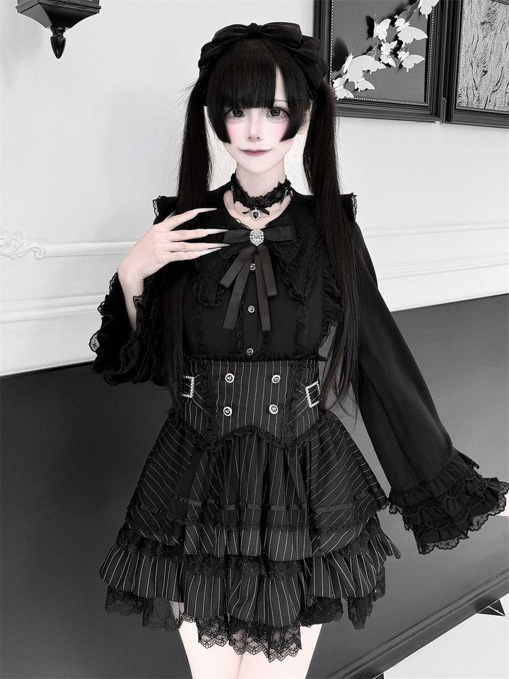 High-Waisted Jirai Kei Skirt, Lace Hem (2XL L M S XL) 44810:822721