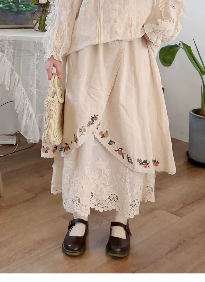 Mori Kei Skirt Sweet Retro Linen Embroidered Long Skirt 41802:714134