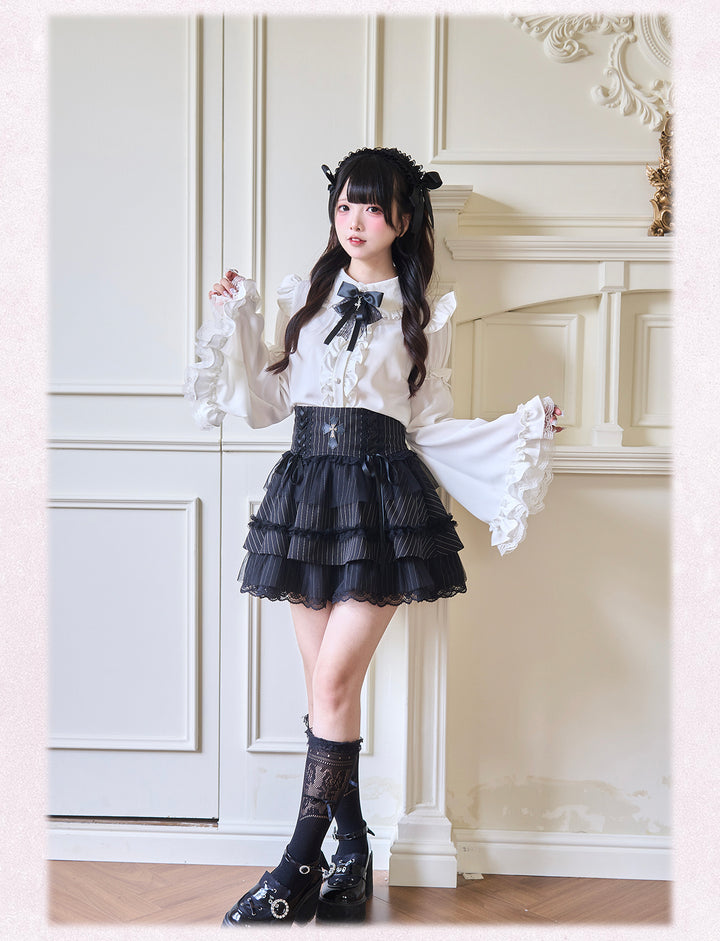 Ruffle Jirai Kei Blouse with Detachable Princess Sleeves And Bow (L M) 42522:744295