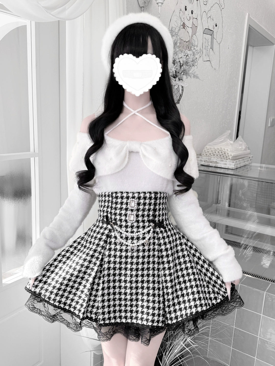 Jirai Kei Open-Shoulder Sweater, Faux Mink Plush 44156:797409