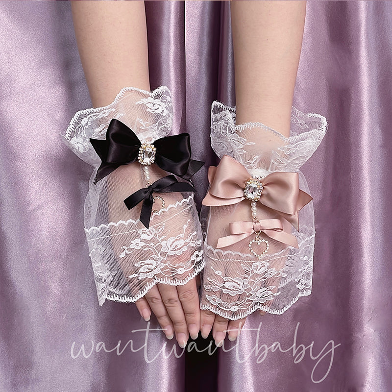 Jirai Kei Lace Cuffs with Bow Pearl and Rhinestones 42235:733396