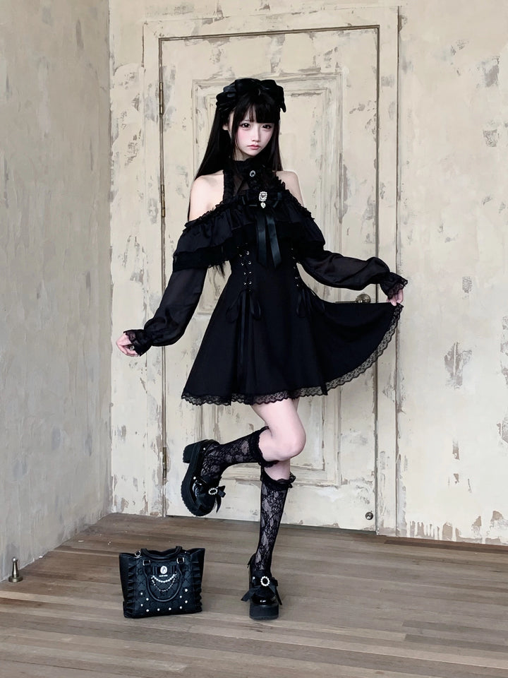 Black Seiso Kei Lace Long Sleeve Dress, Sheer Neckline 45806:863255