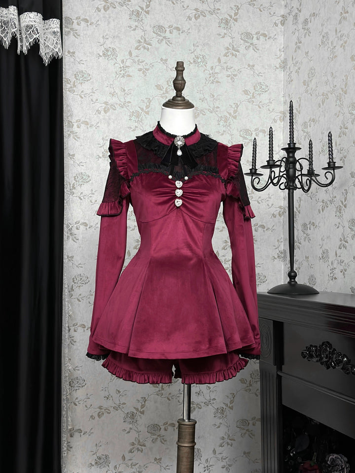 Jirai Kei Dress Set Red Black Long Sleeve Velvet Dress 41984:721356