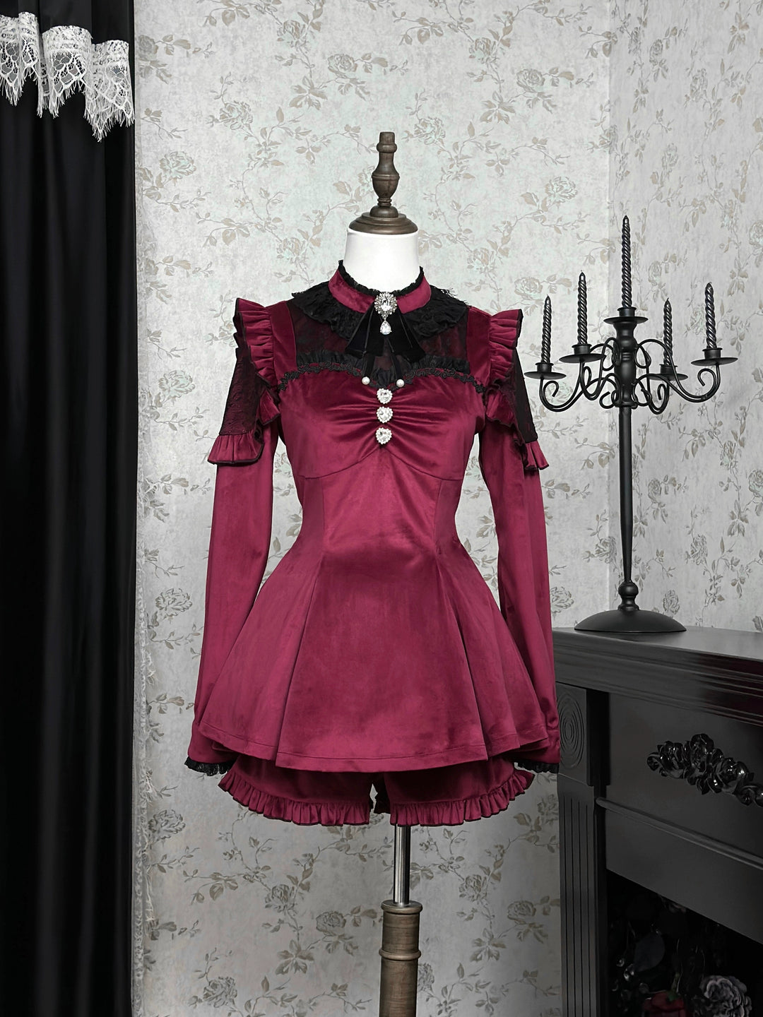 Jirai Kei Dress Set Red Black Long Sleeve Velvet Dress (Burgundy / L M S) 41984:721364