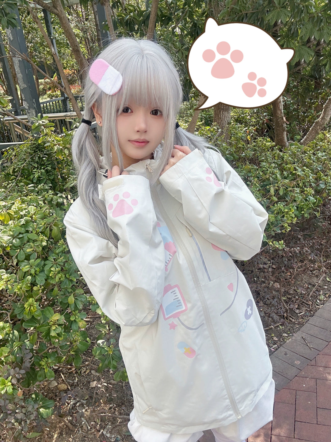 Kawaii Medical Coat Cat Print Coat Beige Hooded Top 38058:579266