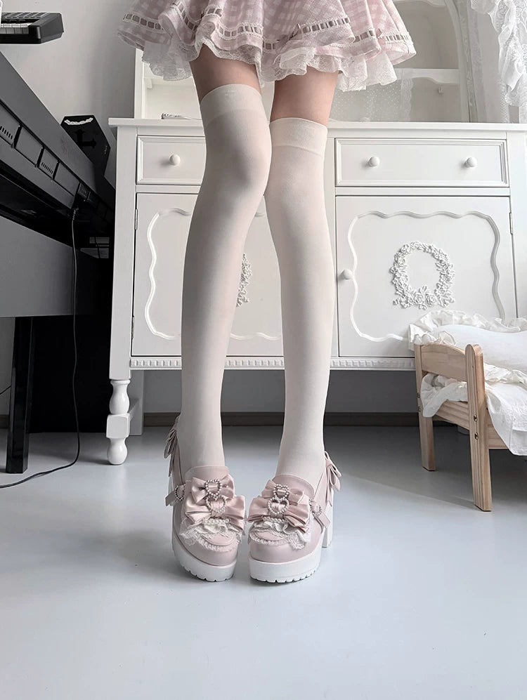 Jirai Kei Chunky Heel Slip-on Shoes, Bows and Pearls 45868:866967