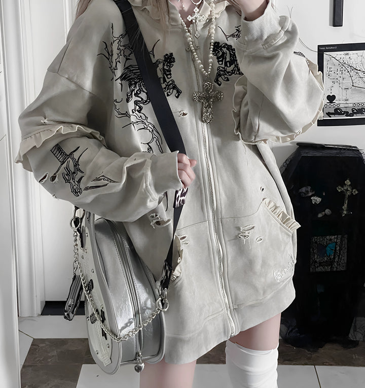 Punk Hooded Jacket, Ripped Details & Horse Embroidery 45939:871209