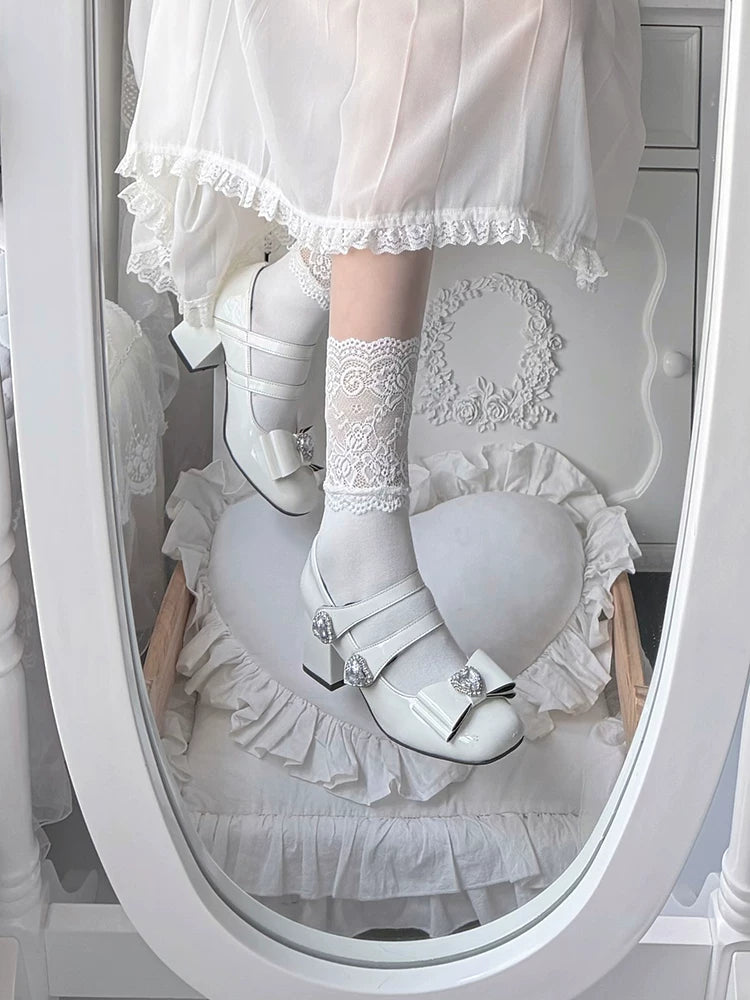 Jirai Kei Square Toe Chunky Heels, Heart rhinestone Details 45840:867424
