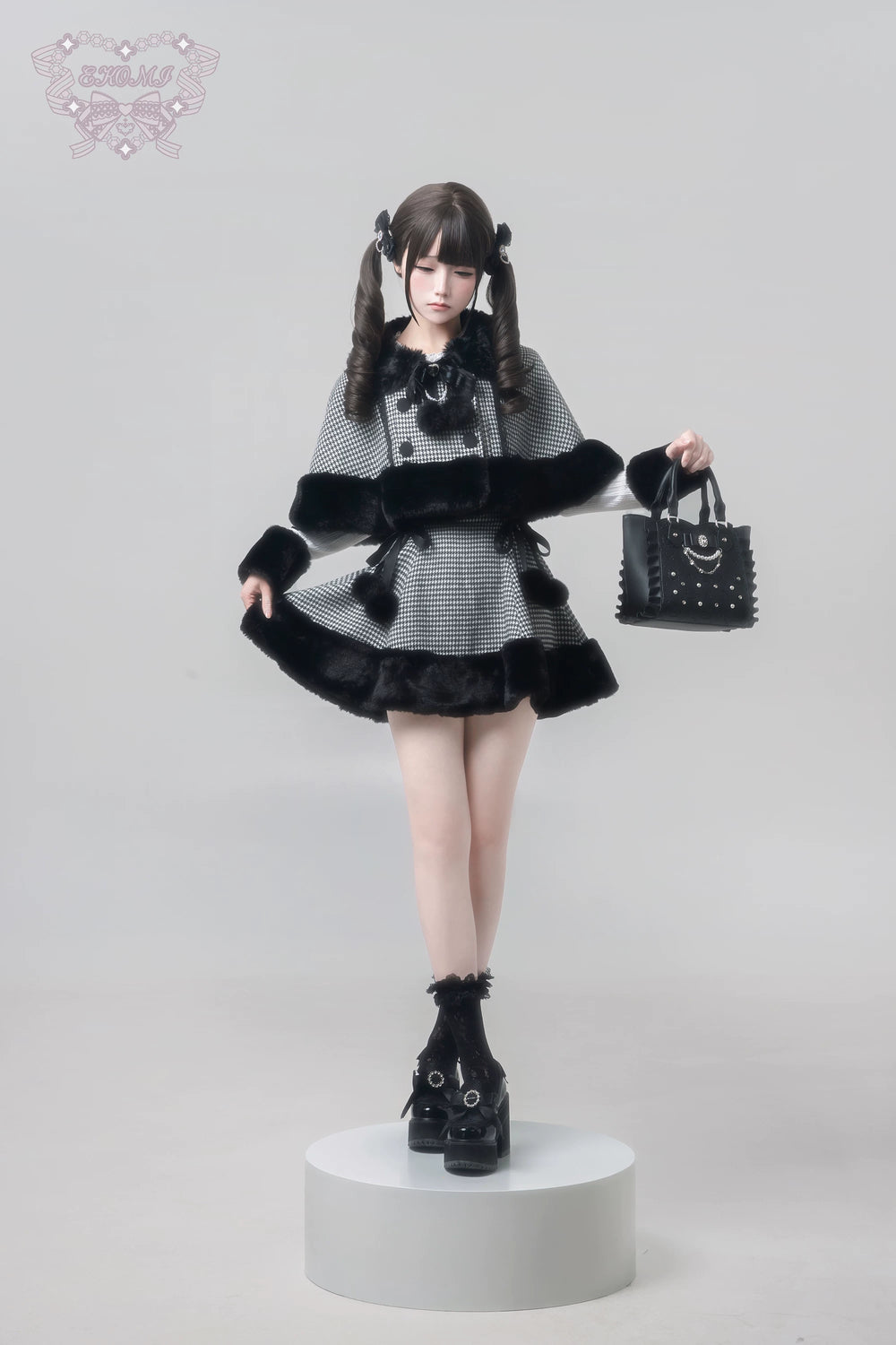 Houndstooth Jirai Kei Plush Cape, High-Waisted Skirt 44591:814688