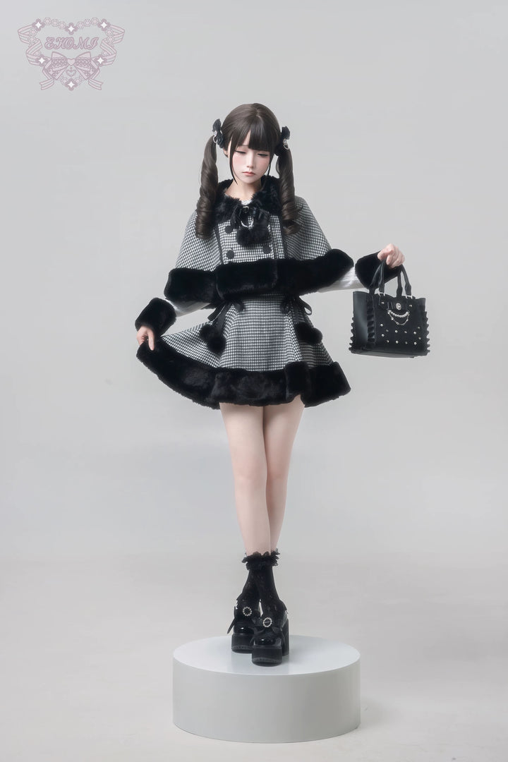 Houndstooth Jirai Kei Plush Cape, High-Waisted Skirt 44591:814688