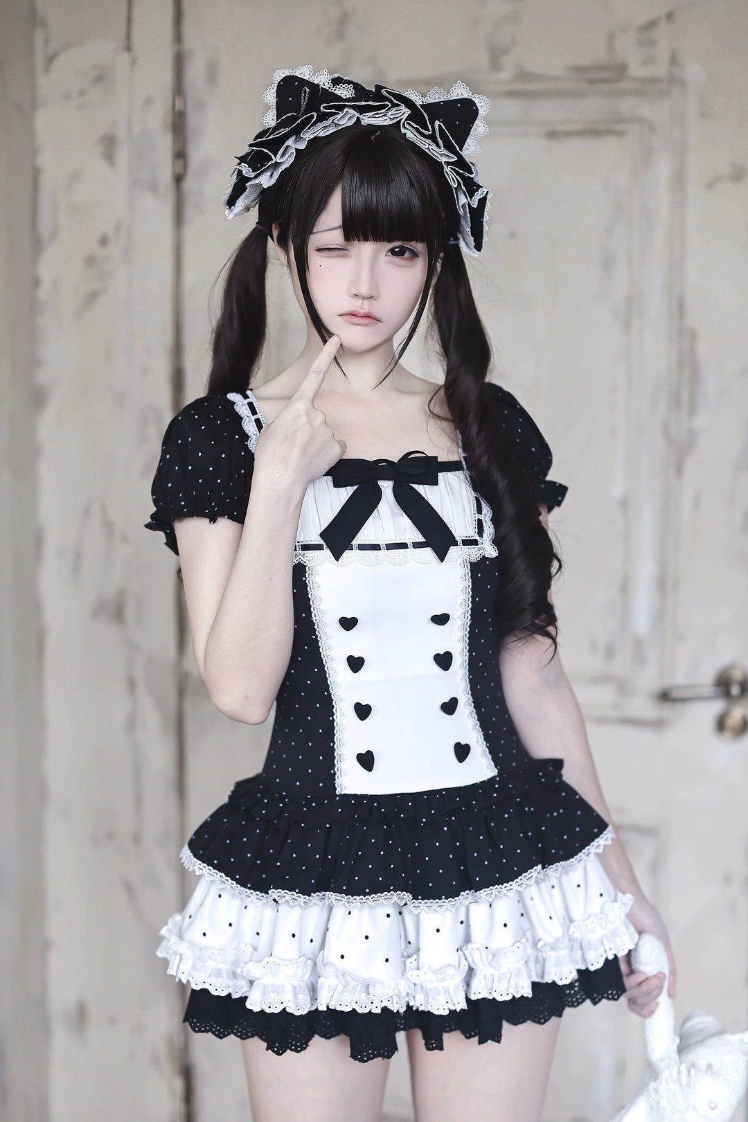 Old School Style Polka Dot Dress, Heart Button Decoration (M S) 45455:850841