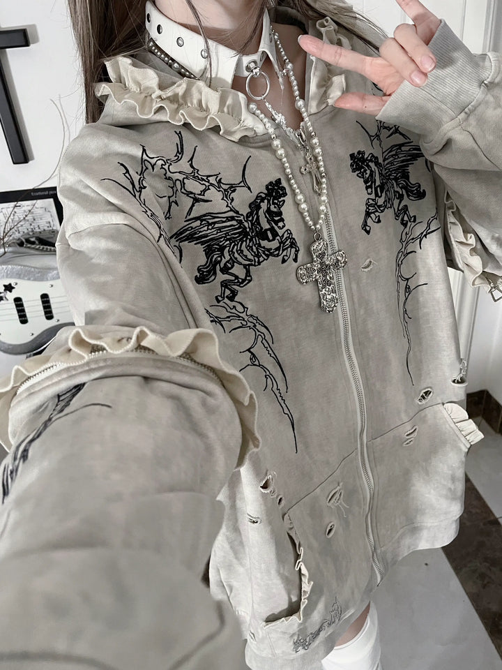 Punk Hooded Jacket, Ripped Details & Horse Embroidery 45939:871226