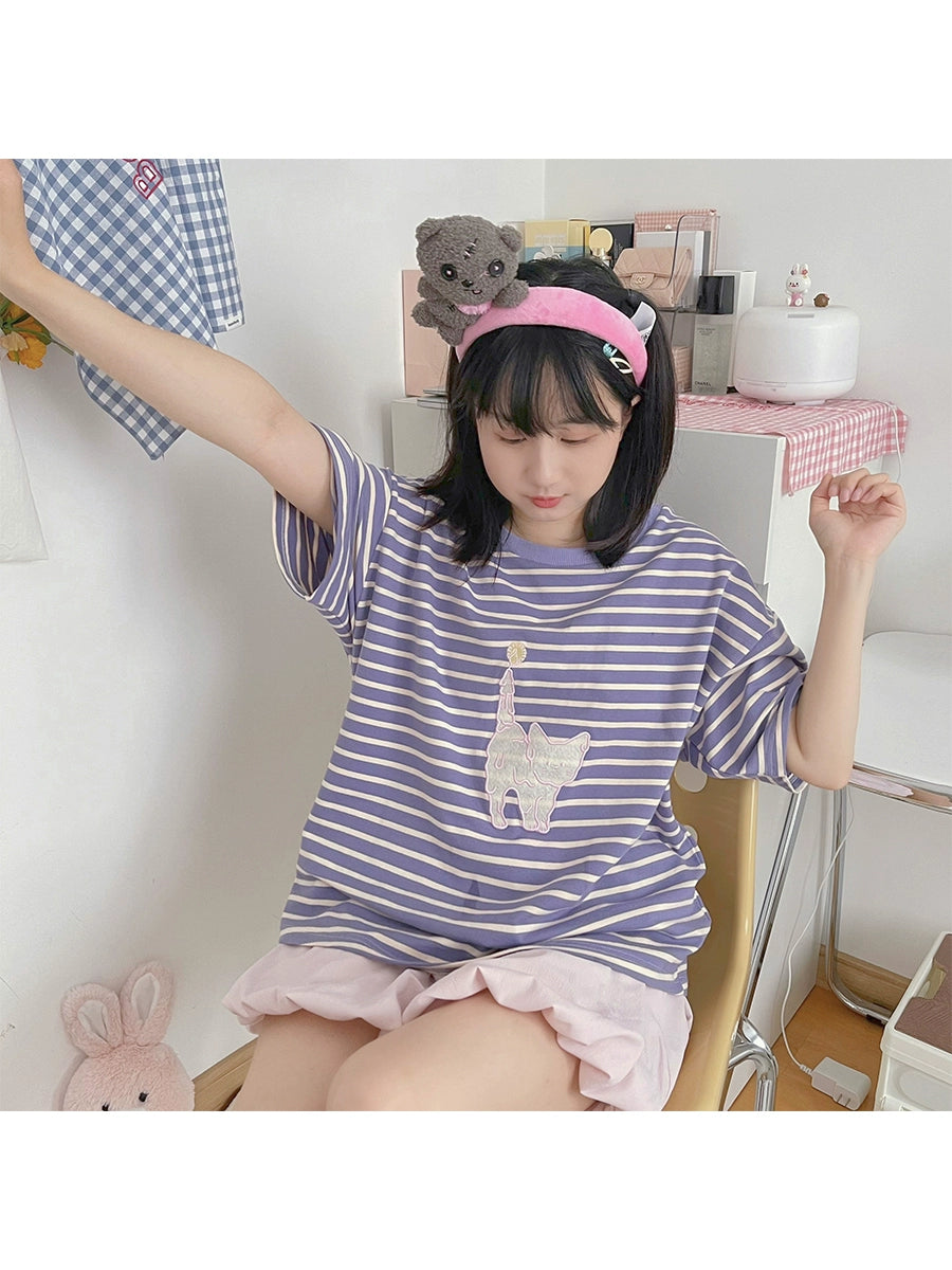 Kawaii Aesthetic Shirt Striped Short Sleeve Cotton Top 36562:518404