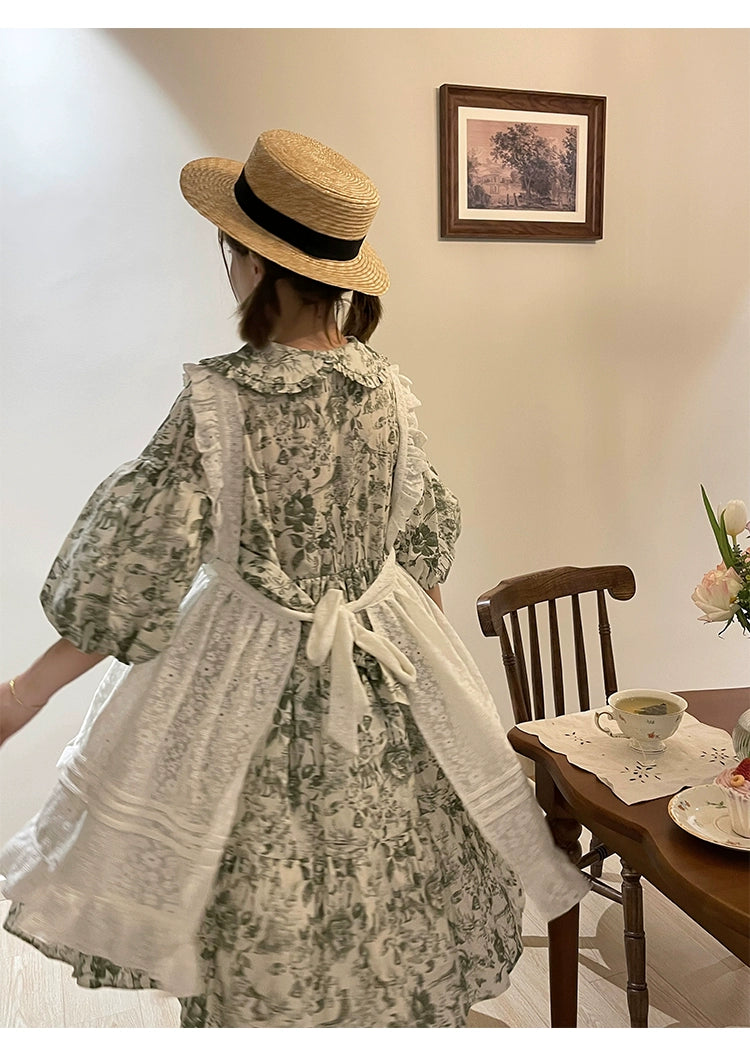 Mori Kei Apron White Lace Floral Apron Dress Suspender Skirt 36556:531274
