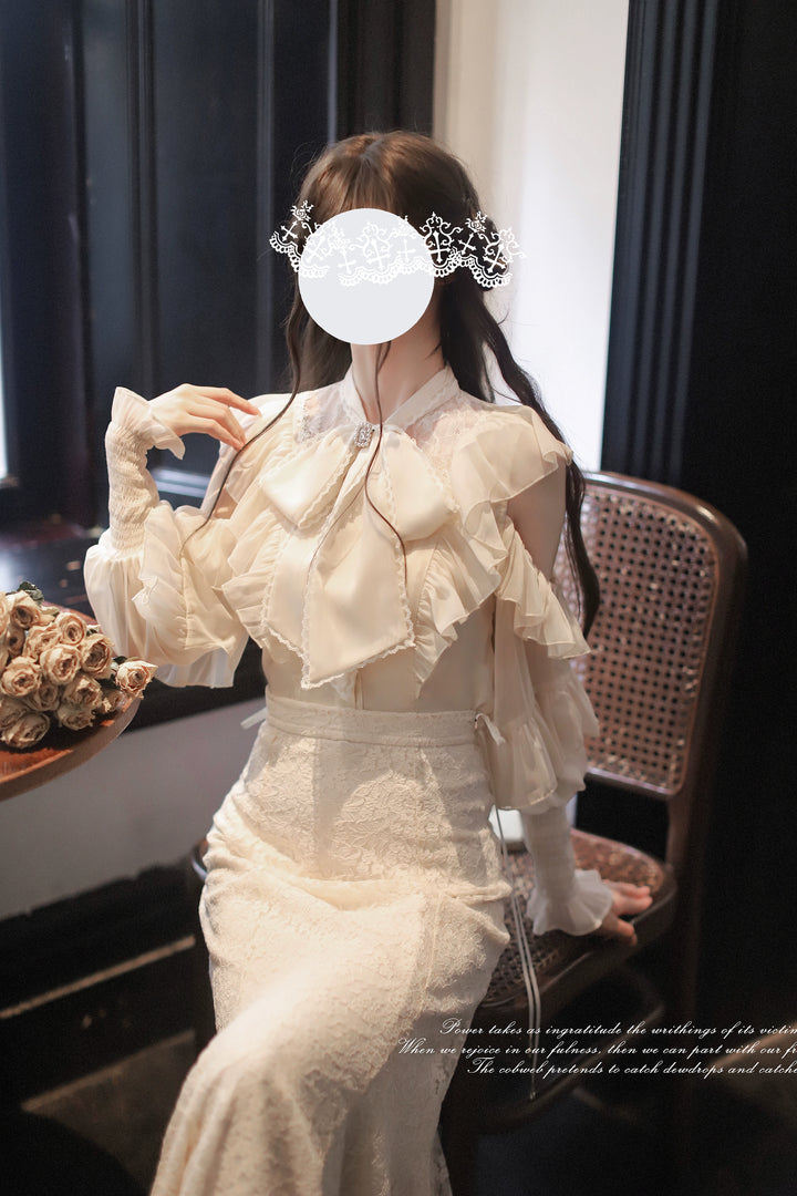 Elegant Open-Shoulder Blouse, Lace Mermaid Skirt (L M S XL) 44039:793636