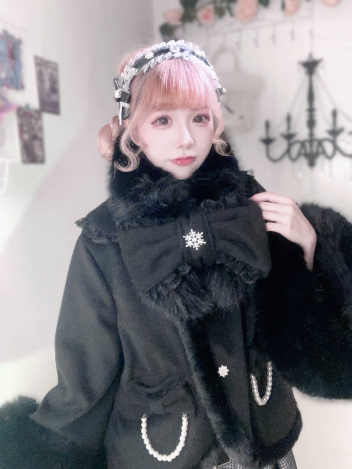 Jirai Kei Wool Coat Fur Collar Big Bow Knot Winter Coat 40572:674278