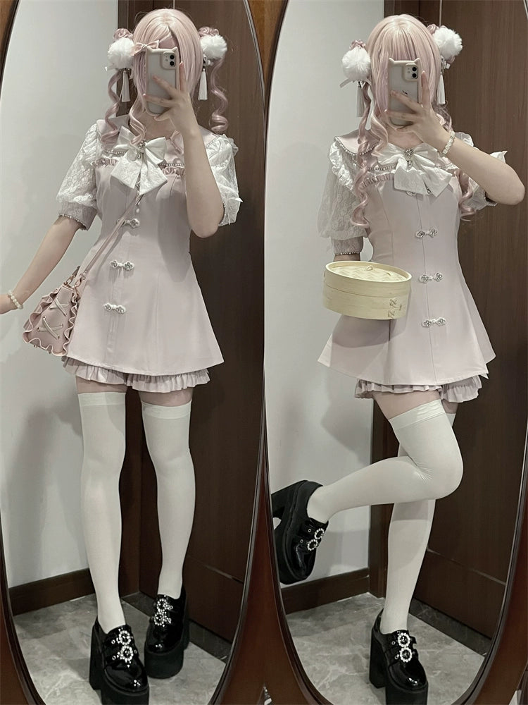 Jirai Kei Set Up Petal Collar Dress Chinese Style Outfit (L M S XL / Pink) 37120:551914