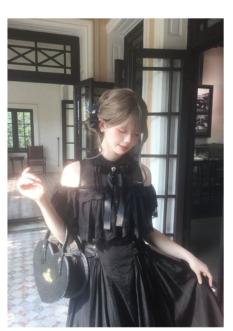 Black / White Jirai Kei Long Dress, Detachable Bow, Cross Detail 43510:778770