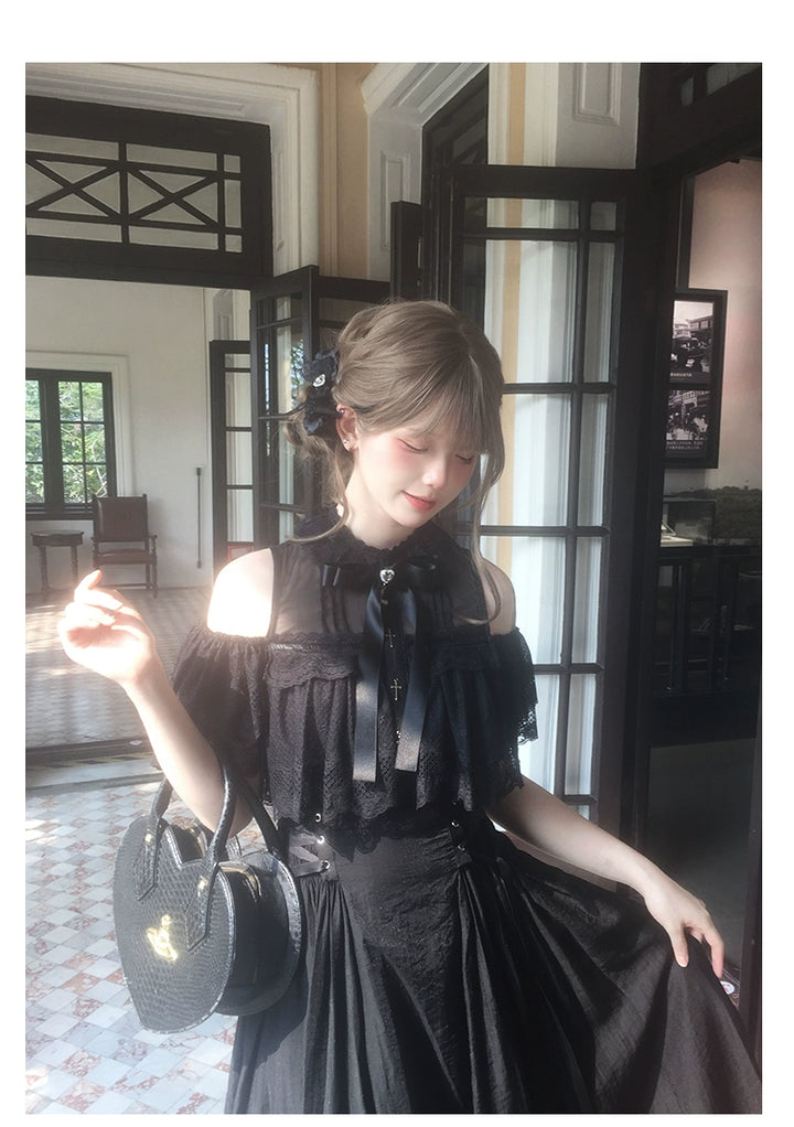 Black / White Jirai Kei Long Dress, Detachable Bow, Cross Detail 43510:778770