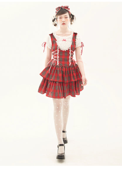 Lolita Dress Retro Red Plaid Dress Cool Girl Dress 36162:543198