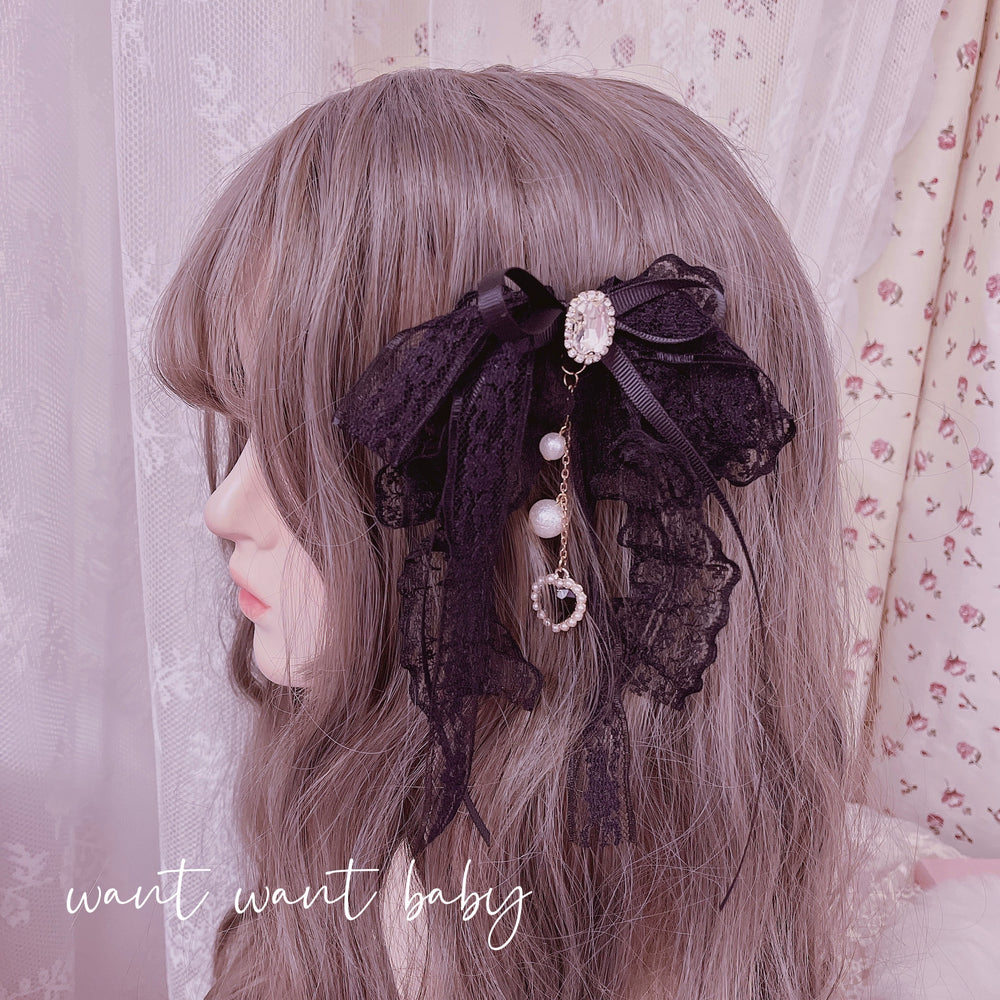 Jirai Kei Pink Black Lace Bow Heart Hair Clip 21750:312390