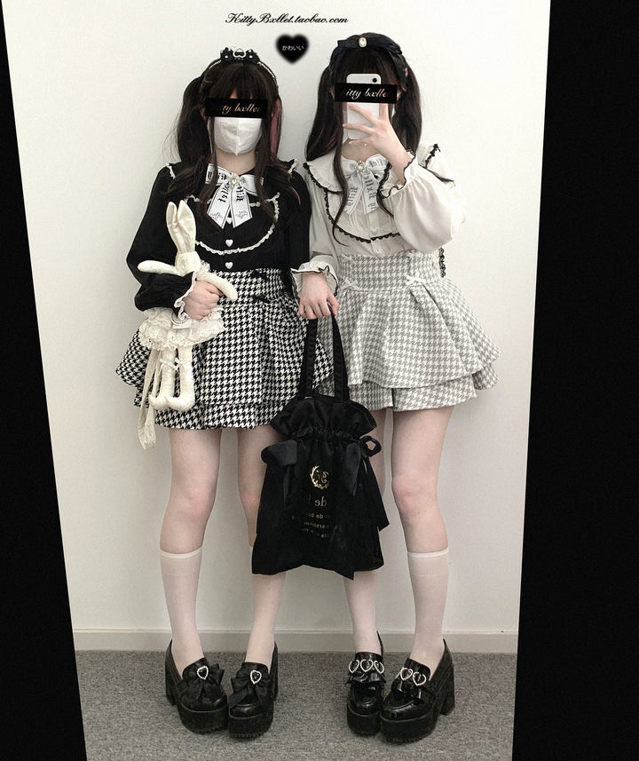 Jirai Kei Skirt Double Layer Black White Houndstooth Skirt 40020:649488